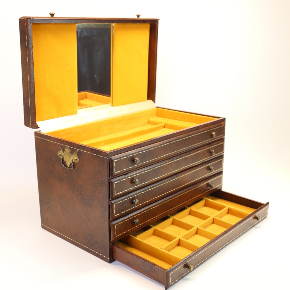 Mele Vintage Jewelry Chest Brown Faux Leather 5 Drawer Brass Hardware Mirror